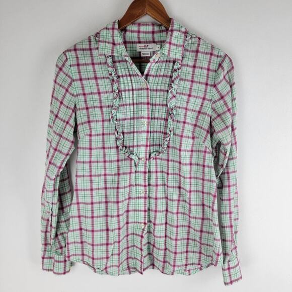 Vineyard Vines Ruffle Button Up Long Sleeve Top Light Green size 4 - Picture 1 of 5